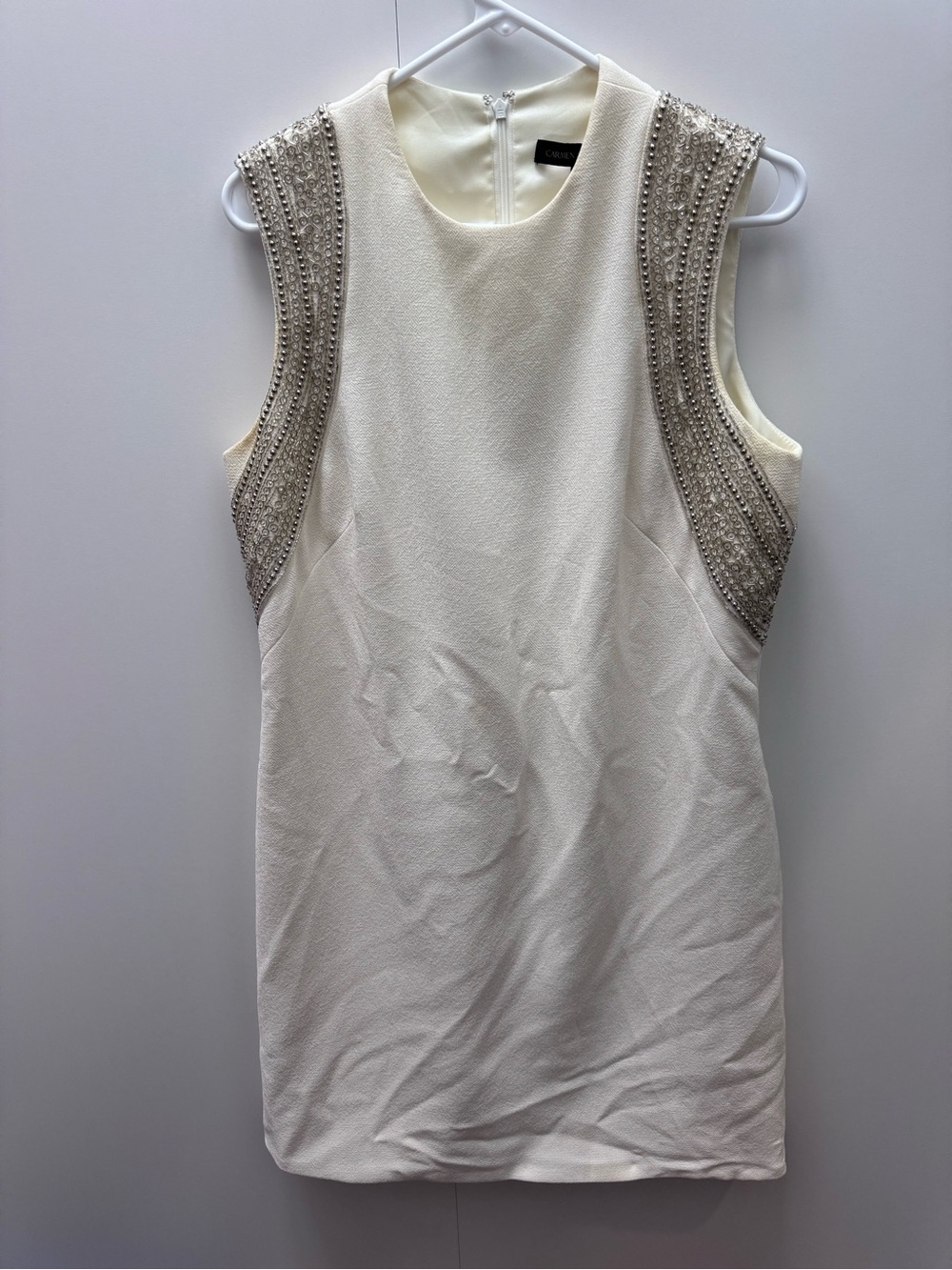 Carmen Marc Valvo Ivory Dress with Beaded Silver Shoulders